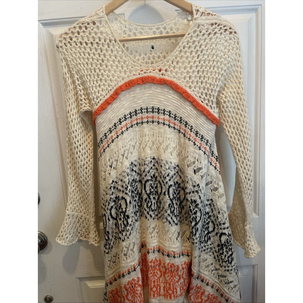Anthropologie Cream Knit Maxi Dress with Orange and Black Pattern